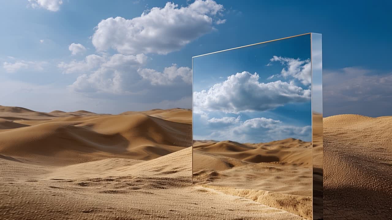 Large Mirror Reflecting Blue Sky and Clouds in Desert