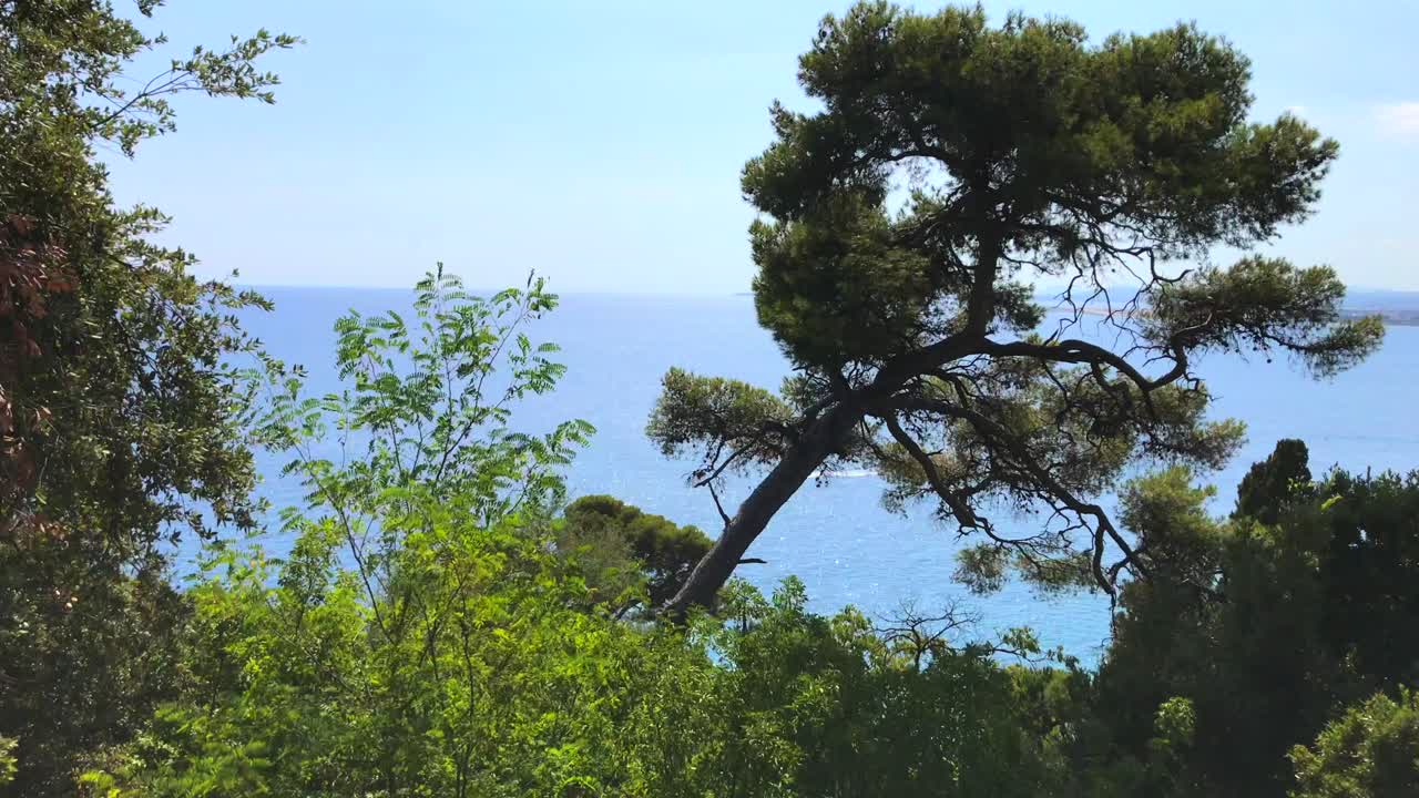 Panoramic top sea and beach view on turquoise water and Old Nice city view in Franc