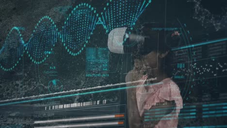 animación del escaneo del alcance y el procesamiento de datos sobre el hombre que usa auriculares vr