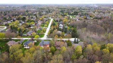 Toma-Aérea-En-La-Primavera-Volando-Lejos-De-Las-Casas-En-Hamilton