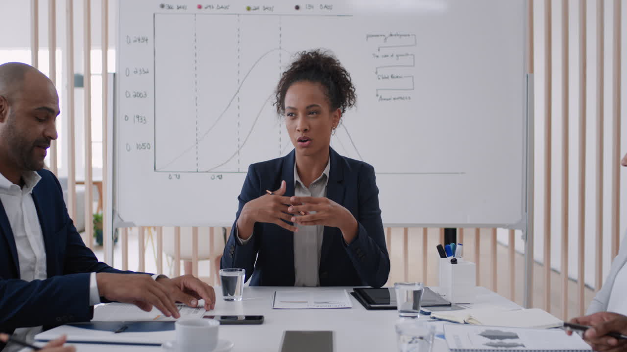 professional business woman team leader meeting with colleagues sharing creative ideas for startup project discussing corporate strategy in office boardroom