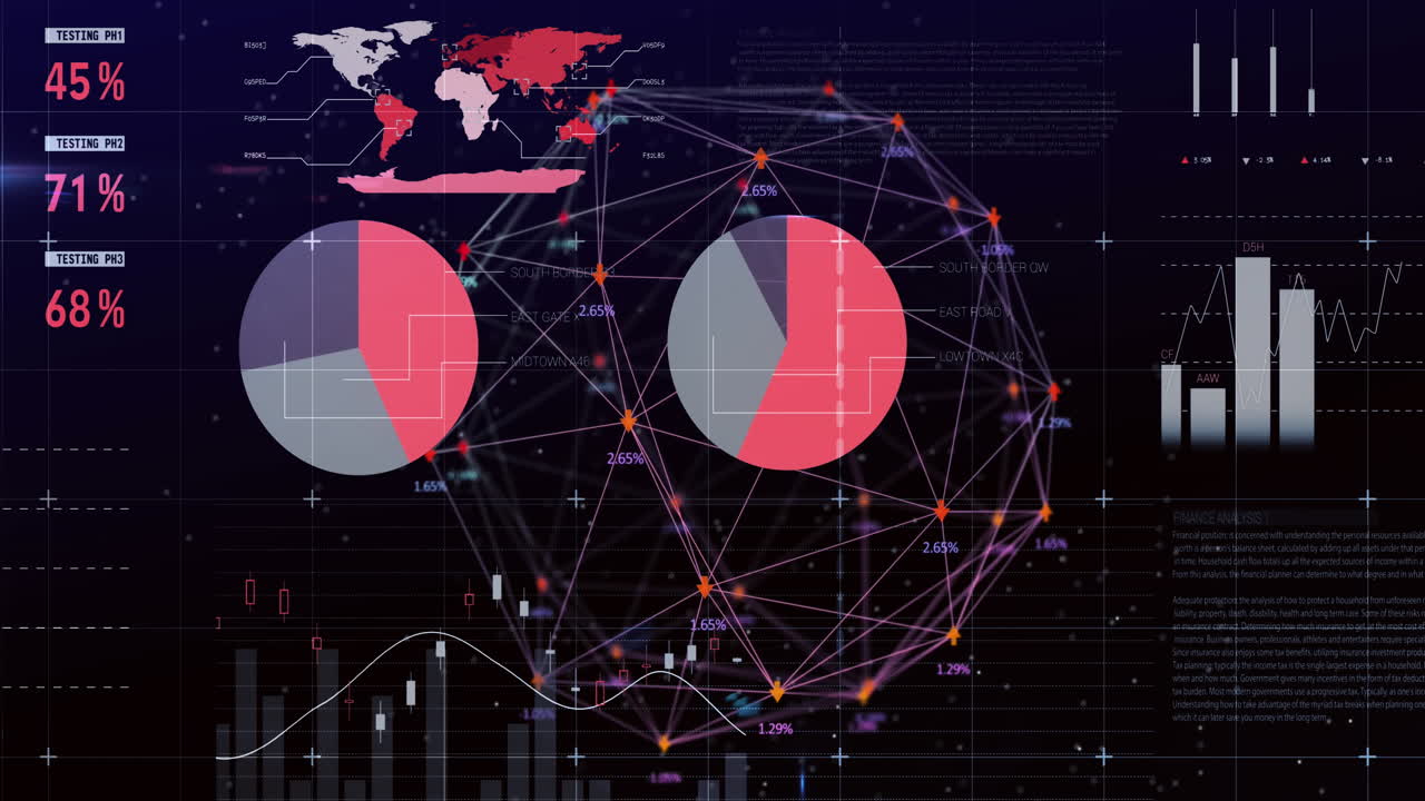 Animation of spinning globe over statistical data processing against black background