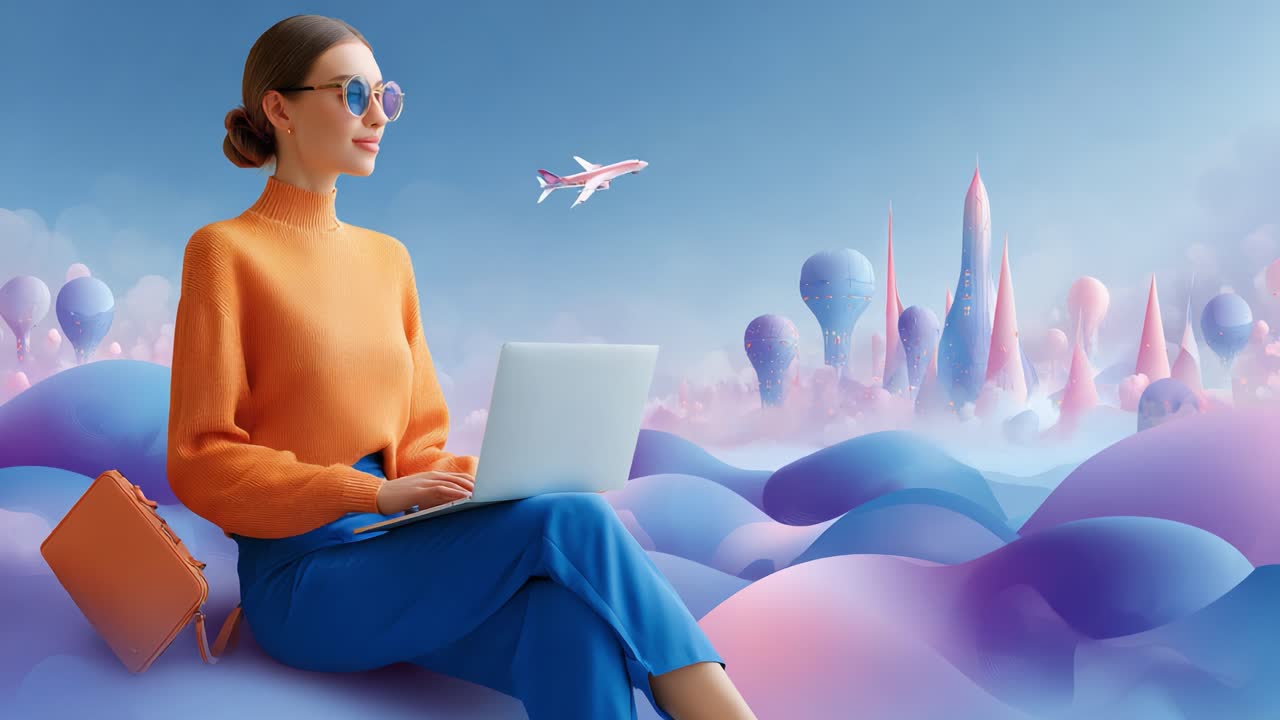 A Fashionable Woman in Stylish Wear Utilizing a Laptop Against a Dreamy Landscape Filled with Colorful Balloons and Futuristic Structures under a Clear Sky