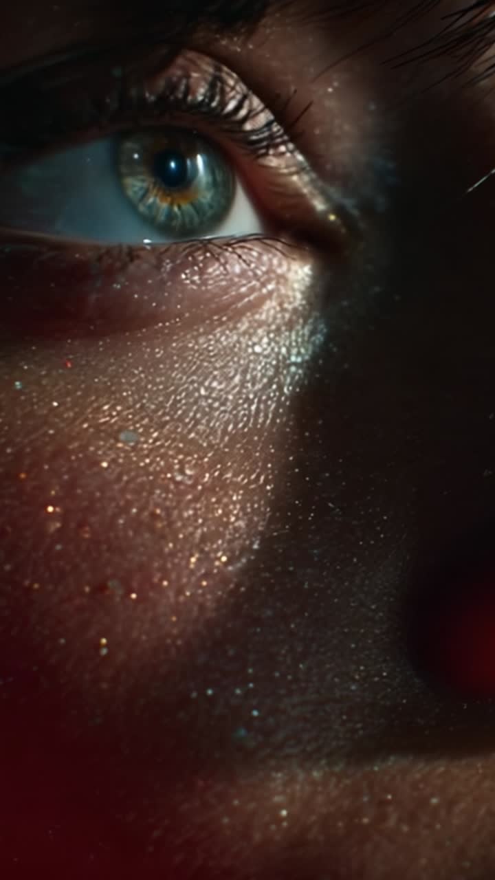 Close-up View of an Eye with Sparkling Texture and Shadow Play, Capturing Unique Reflections and Depth of Field in an Artistic Expression of Human Emotion
