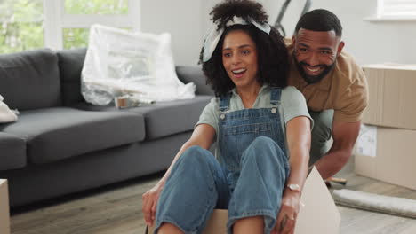 Black-couple,-moving-and-new-house-while-happy