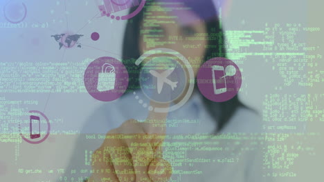 animación de una mujer de negocios caucásica tocando una pantalla interactiva con iconos digitales