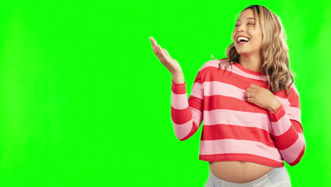 Studio,-hand-or-happy-pregnant-woman-on-green