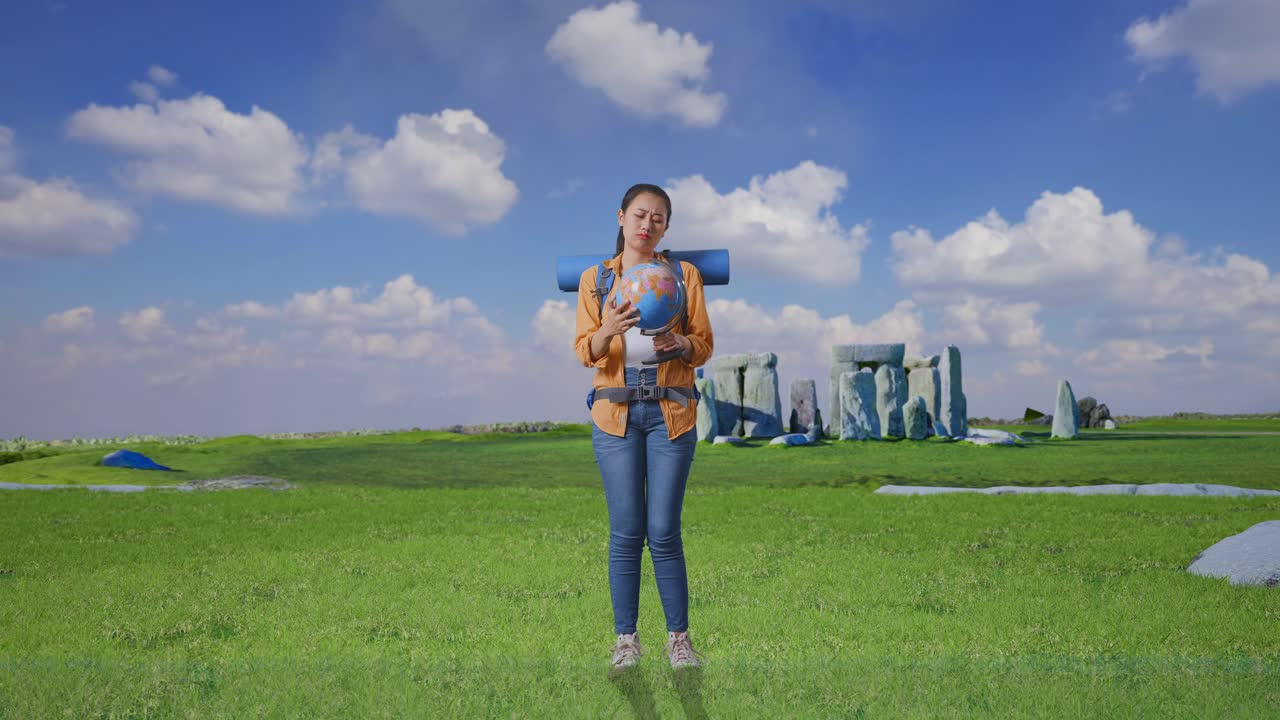 Full Body Of Asian Female Hiker With Mountaineering Backpack Looking At World Globe In Her Hands And Making Confused Gesture While Traveling In Stonehenge