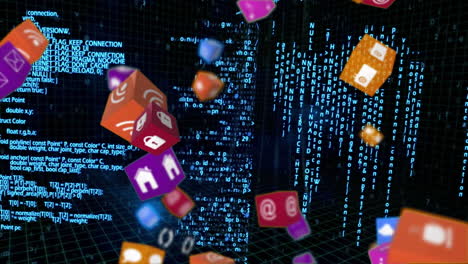 y iconos de aplicaciones en línea en cubos y códigos de programas