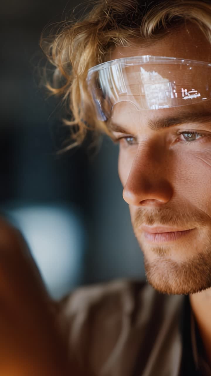 Fokuseret person med augmented reality-briller interagerer med digitalt interface, der viser krydsfeltet mellem teknologi og menneskelig interaktion