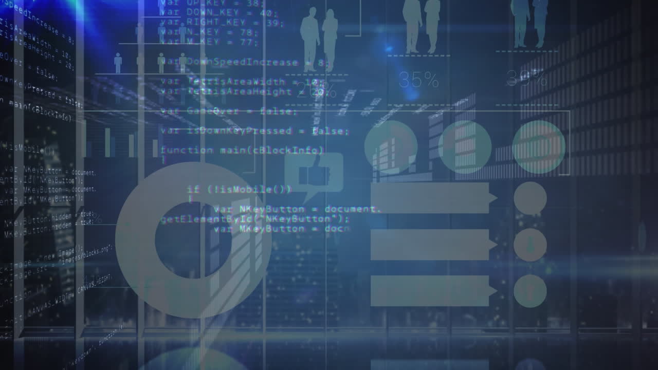 animación de siluetas de personas, formas blancas y datos e información en movimiento