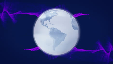 Animation-of-globe-spinning-and-purple-mesh-on-blue-background