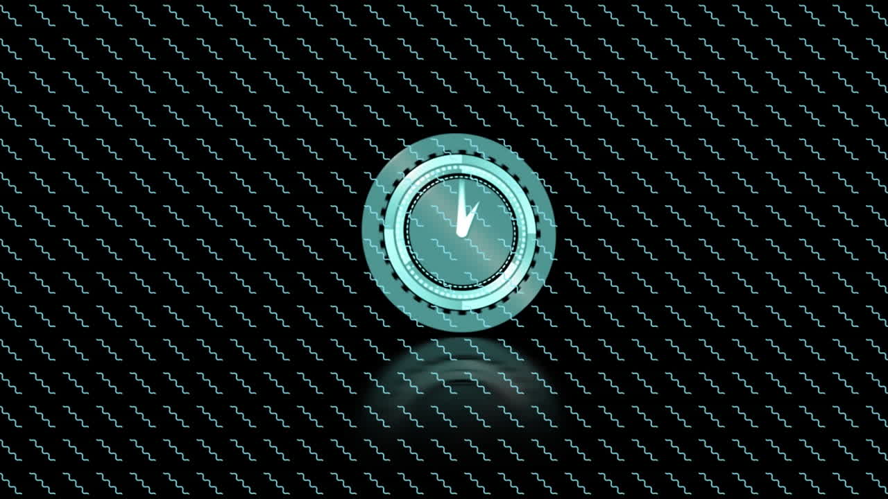Animation of rotating data loading clock with repeated blue wavy line on black background