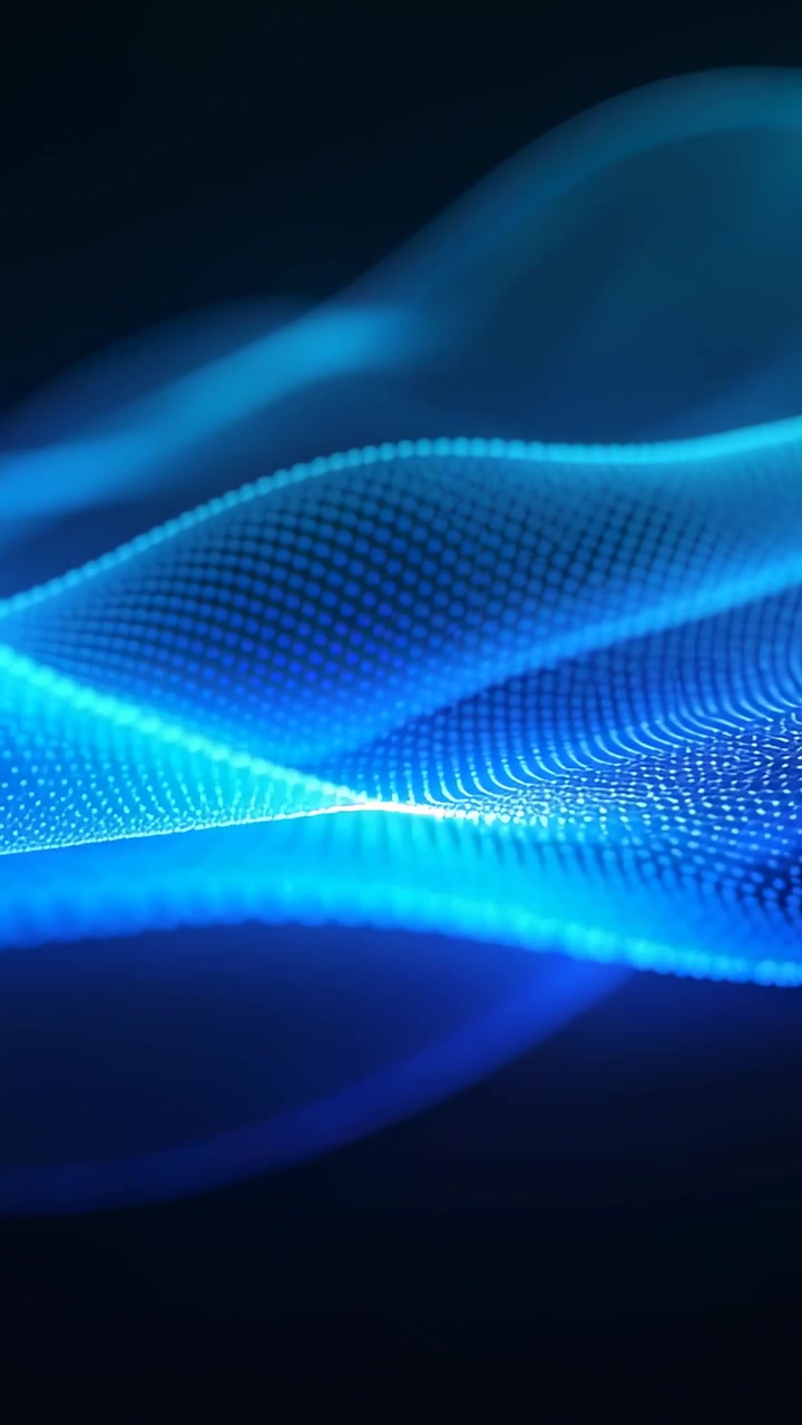 Vertical video: Emerging blue dot mesh ribbon moving in digital space with glow trails showing flow