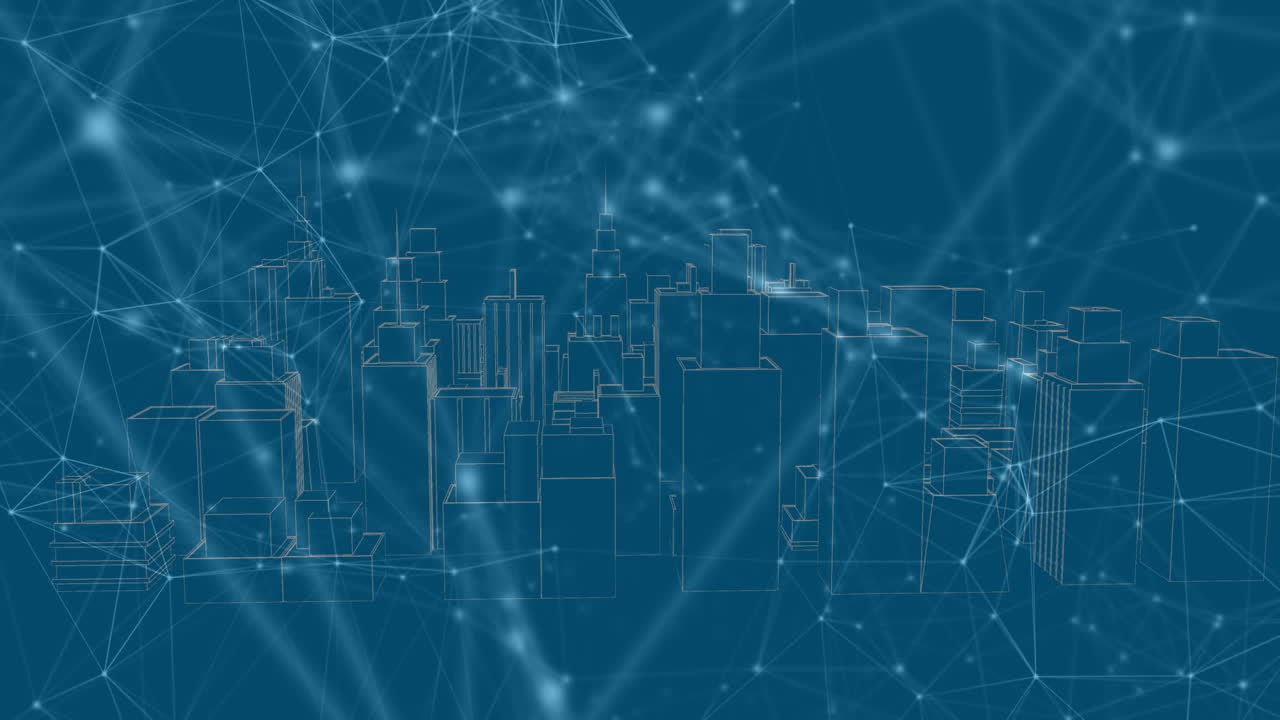 Animation of network of connections over city on blue background