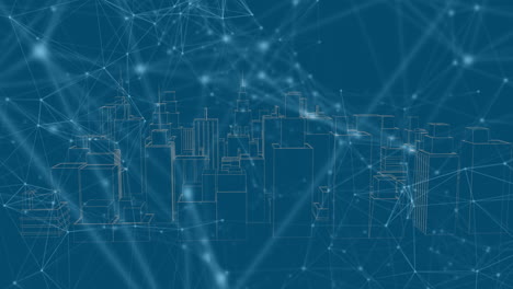 animation of network of connections over city on blue background