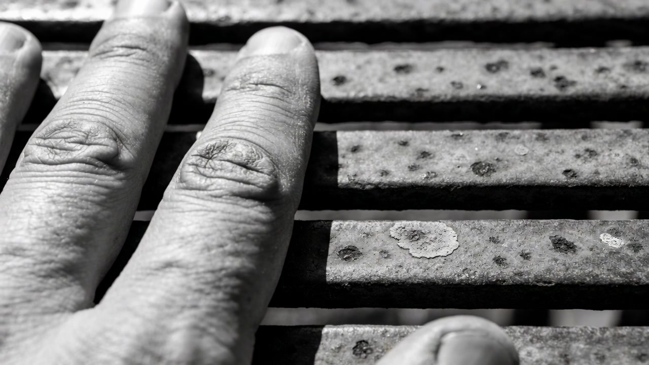 Primo piano di una mano sinistra che si posa su doghe di metallo arrugginite, rivelando una texture corrosa.