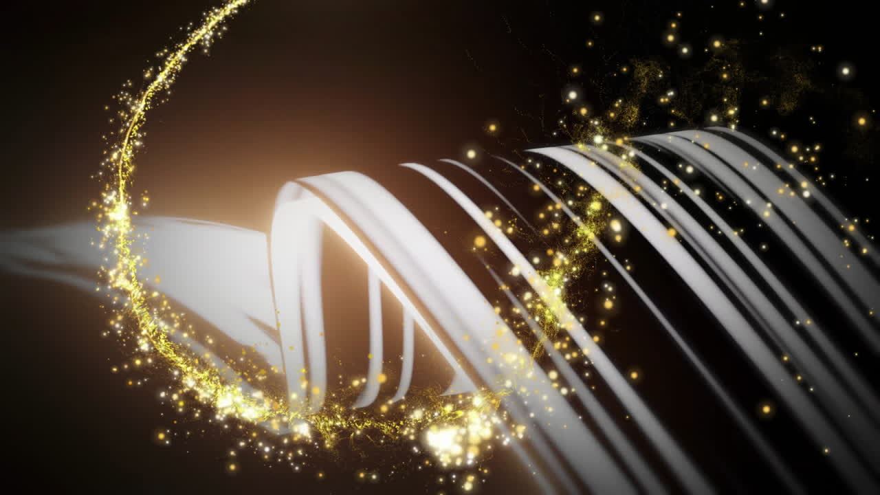 Swirling golden sparkles over abstract black and white striped background animation