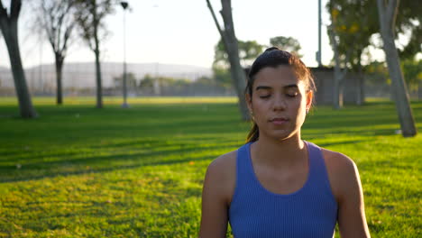 Eine-Schöne-Junge-Yogi-Frau,-Die-Bei-Sonnenaufgang-Auf-Einer-Yogamatte-In-Friedlicher-Meditation-Im-Park-Sitzt