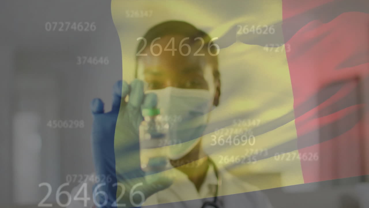 Animation of flag of france and numbers processing over biracial female doctor with vaccination