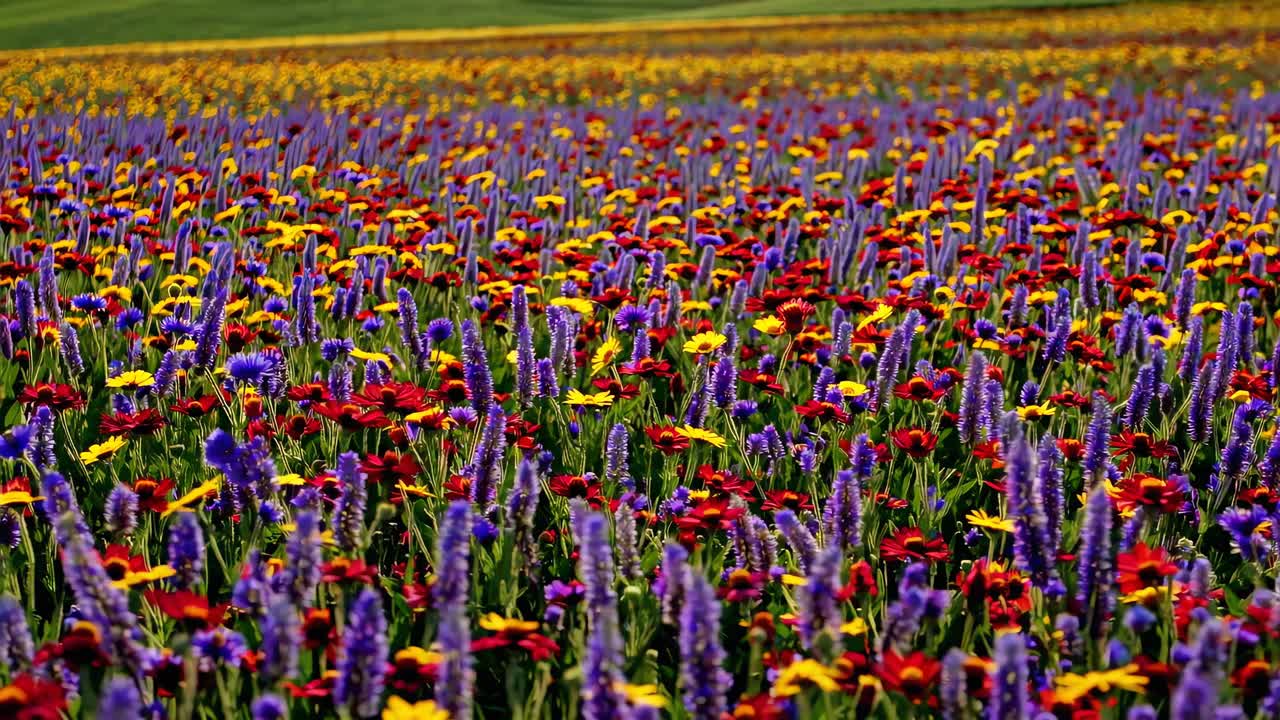 Vibrante campo di fiori selvatici all'altezza degli occhi, che cattura fioriture colorate sotto un cielo illuminato dal sole