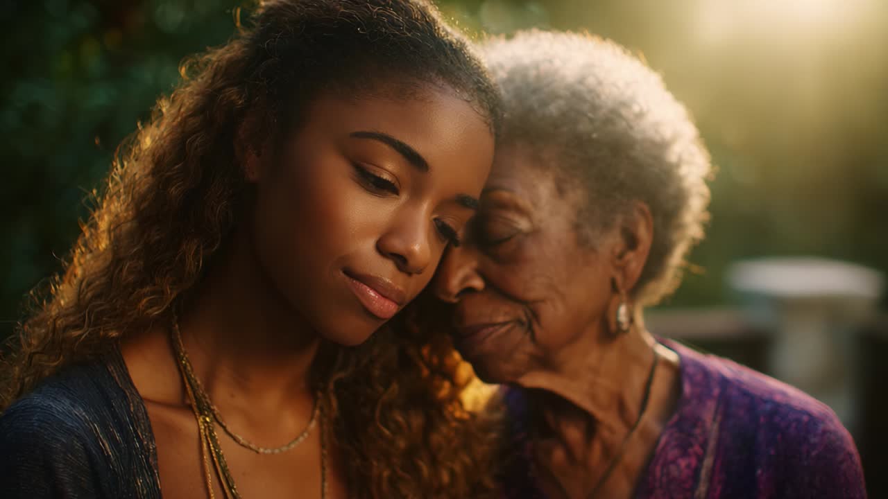 Capturing a Heartfelt Connection: A Touching Moment Between Two Generations, Showcasing the Bond of Love, Wisdom, and Shared Experiences in the Glow of Warm Light