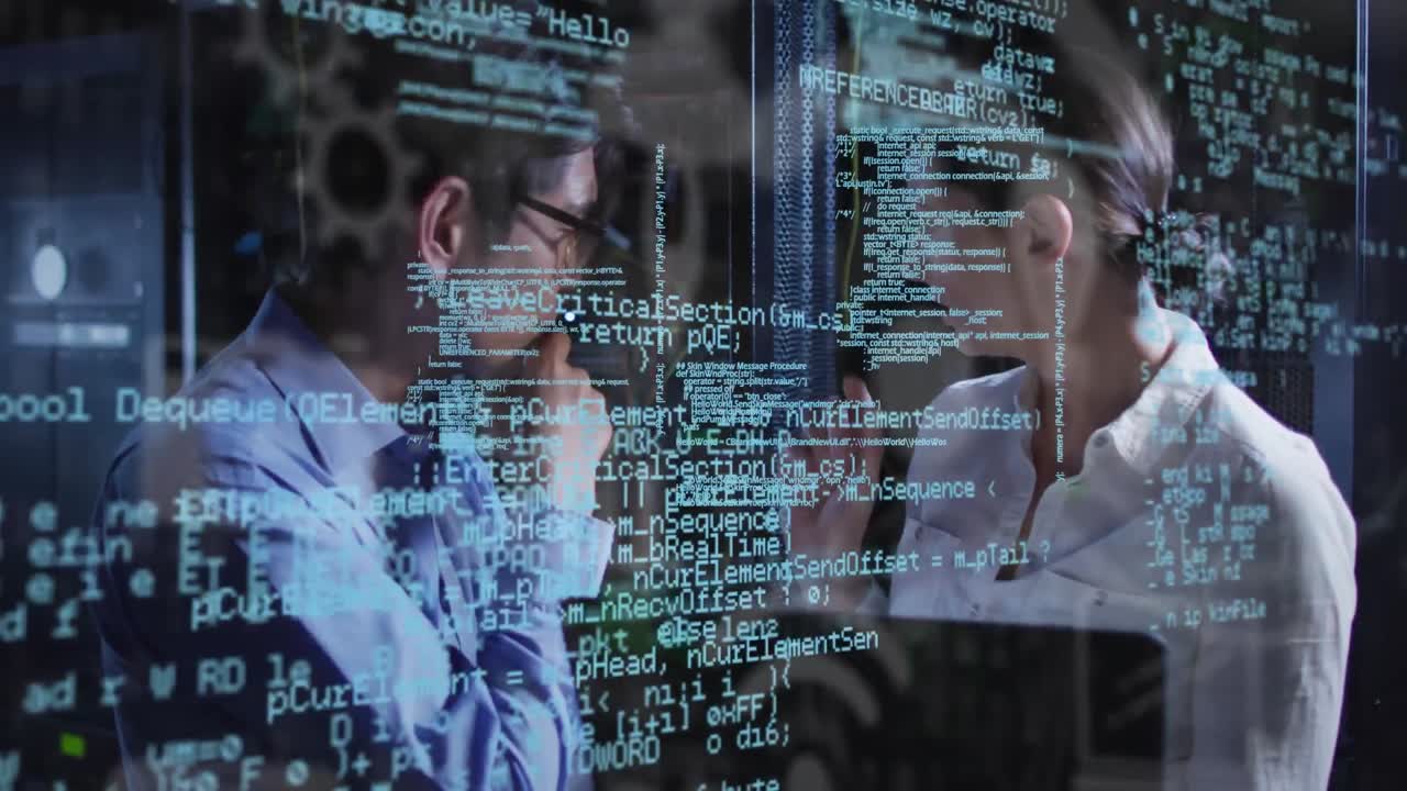 Animation of data over diverse male and female it engineers with tablet computer servers