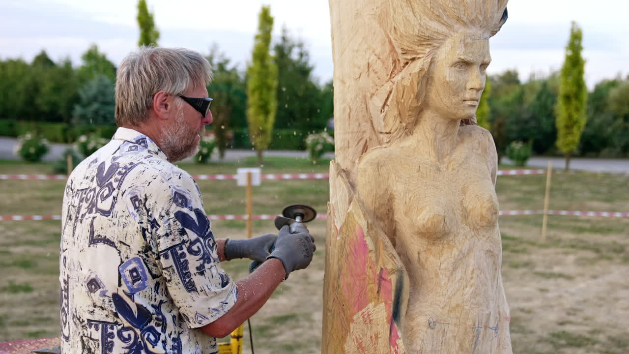 Creative process of a female sculpture making. Grey-haired man uses electric tool to cut wood.