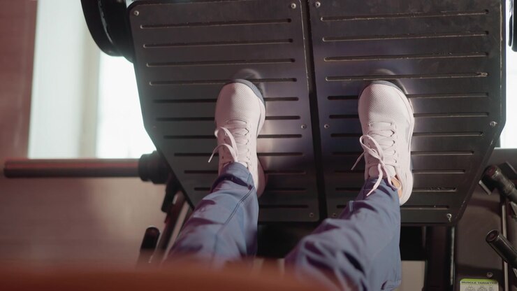 Visible only lower legs and shoes as person uses fitness machine. Feet move steadily over black pedal platform with metal slats in bright indoor gym setting