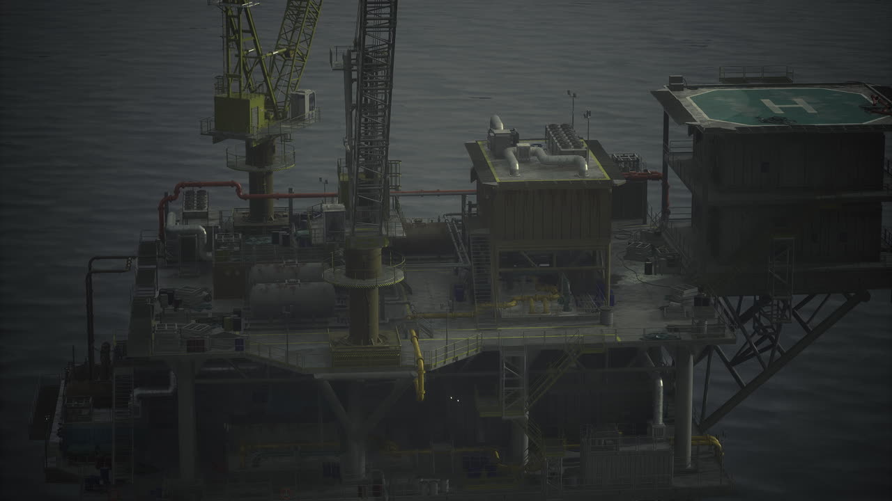 Offshore oil rig with helipad in a coastal waterway at twilight