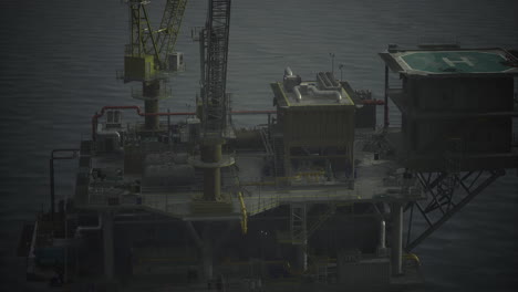 offshore oil rig with helipad in a coastal waterway at twilight