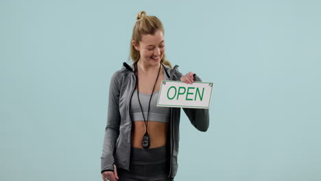 Open-sign,-woman-and-face-with-gym