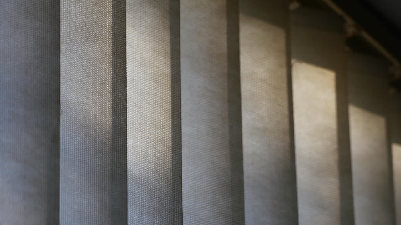 Schaduwen van bomen buiten die dansen op gesloten verticale stoffen jaloezieën