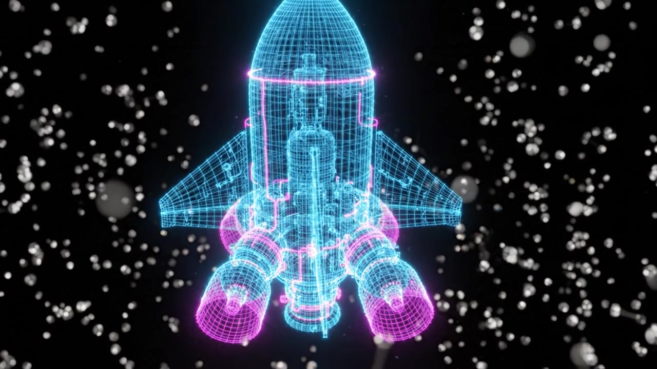 Una visualizzazione mozzafiato di un razzo futuristico in design wireframe, circondato da uno sfondo dinamico di particelle fluttuanti e luci scintillanti