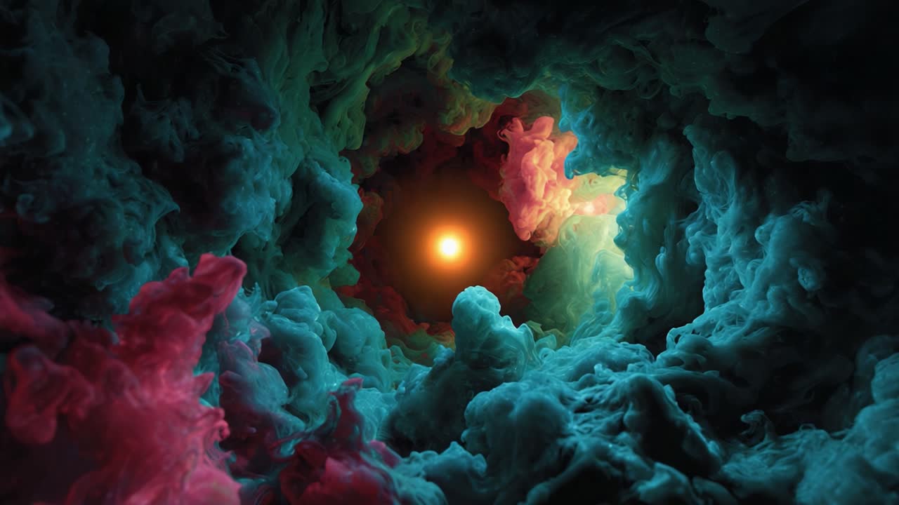 A Stunning Visual Journey Through Swirling Clouds of Colorful Vapor, Illustrating the Transition from Dark to Light with a Radiant Core at the Center, Evoking Cosmic Wonder