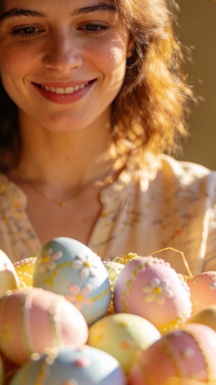 Donna che tiene un cesto di uova di Pasqua pastello, telecamera che si inclina verso l'alto, luce solare che riscalda la scena, con riflessi sulla donna.