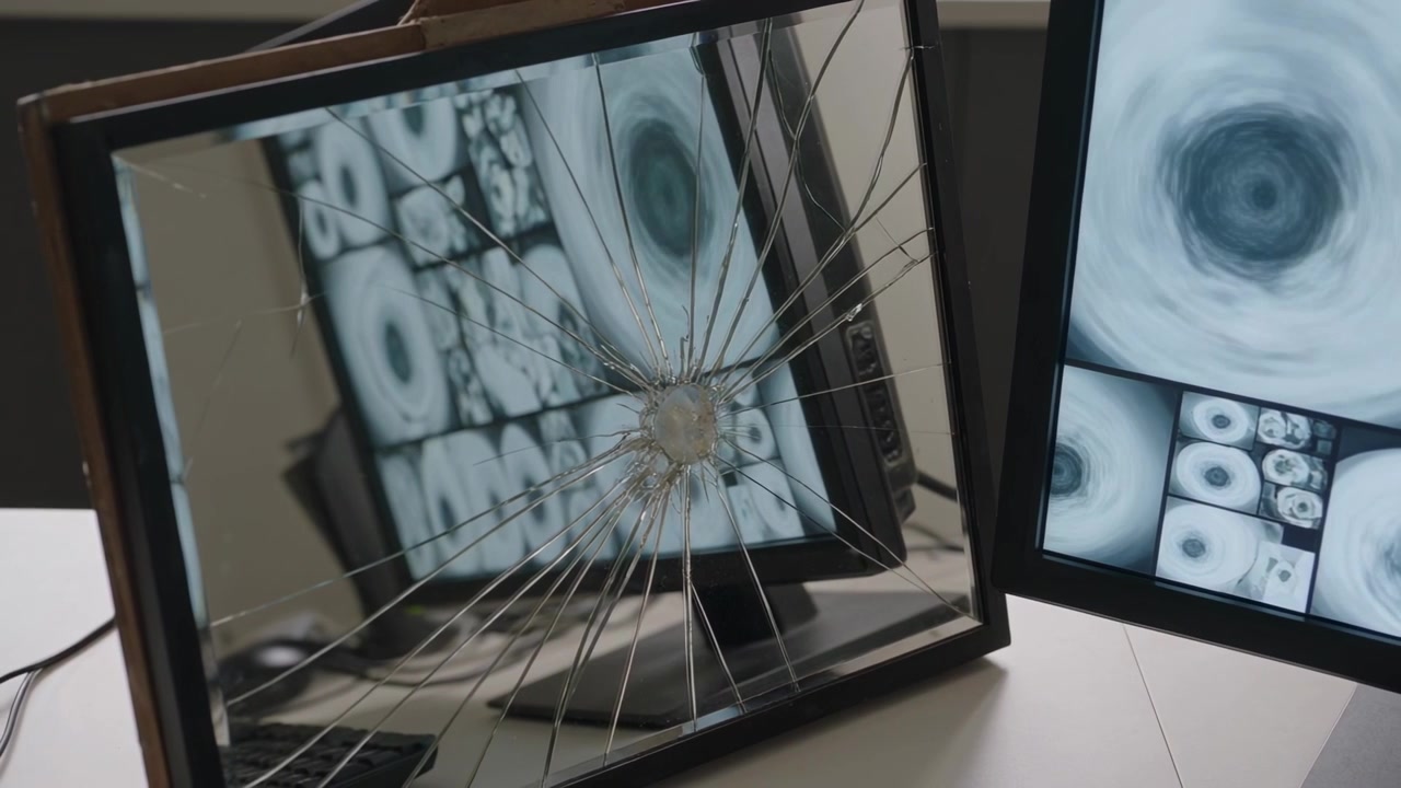 La telecamera panoramica rivela un pannello incrinato appoggiato su una scrivania, che riflette i cerchi del monitor e il bordo del laptop.