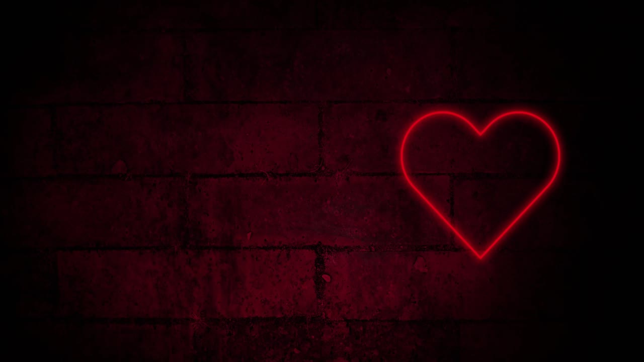 animación de un corazón de neón rojo parpadeando en una pared de ladrillo oscuro