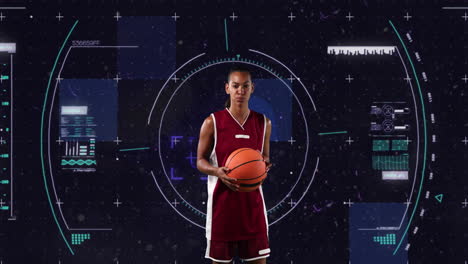 animation of african american female basketball player over scope scanning on black background