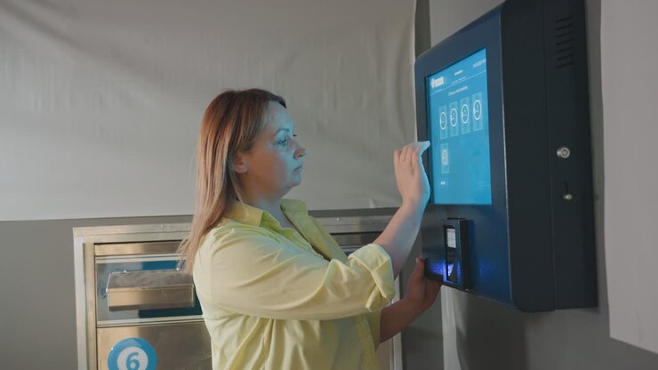 Signora elegante in top giallo che tocca lo schermo del chiosco per il pagamento, selezionando il programma di lavaggio o asciugatura, vista di profilo in una lavanderia moderna, interfaccia blu luminosa, momento di transazione self-service