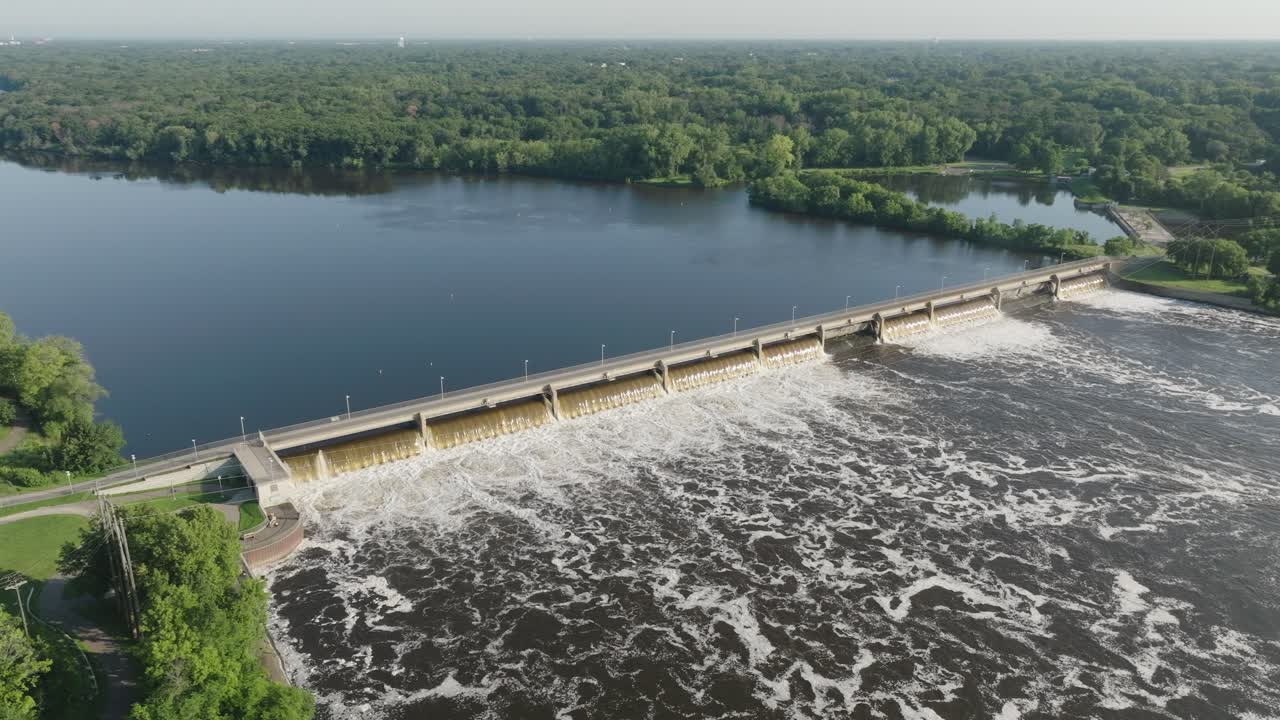 Panoramic Aerial View Of Coon Rapids Dam Regional Park On The Mississippi River, Minnesota, USA