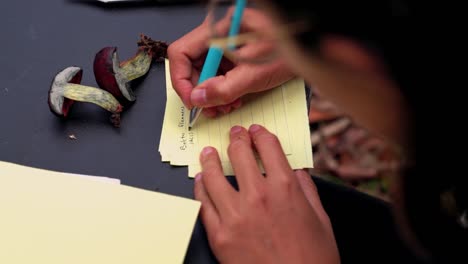 Mujer-Escribiendo-Nombres-De-Setas-En-Papel.