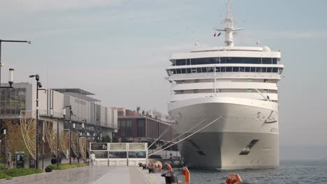 cruise ship docked at city waterfront