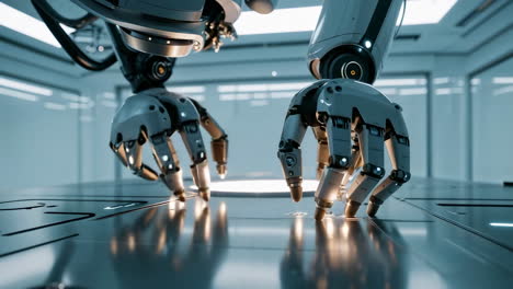 close-up of robotic hands in a futuristic setting