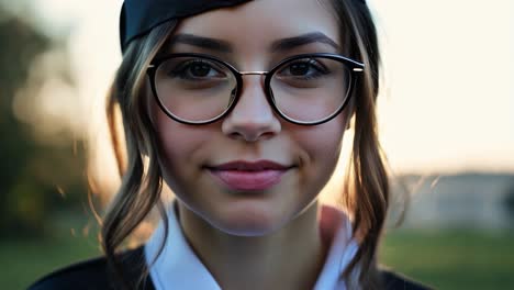 close up of a young woman's face as she smiles. she is wearing a graduation cap and gown and is standing in front of a sunset