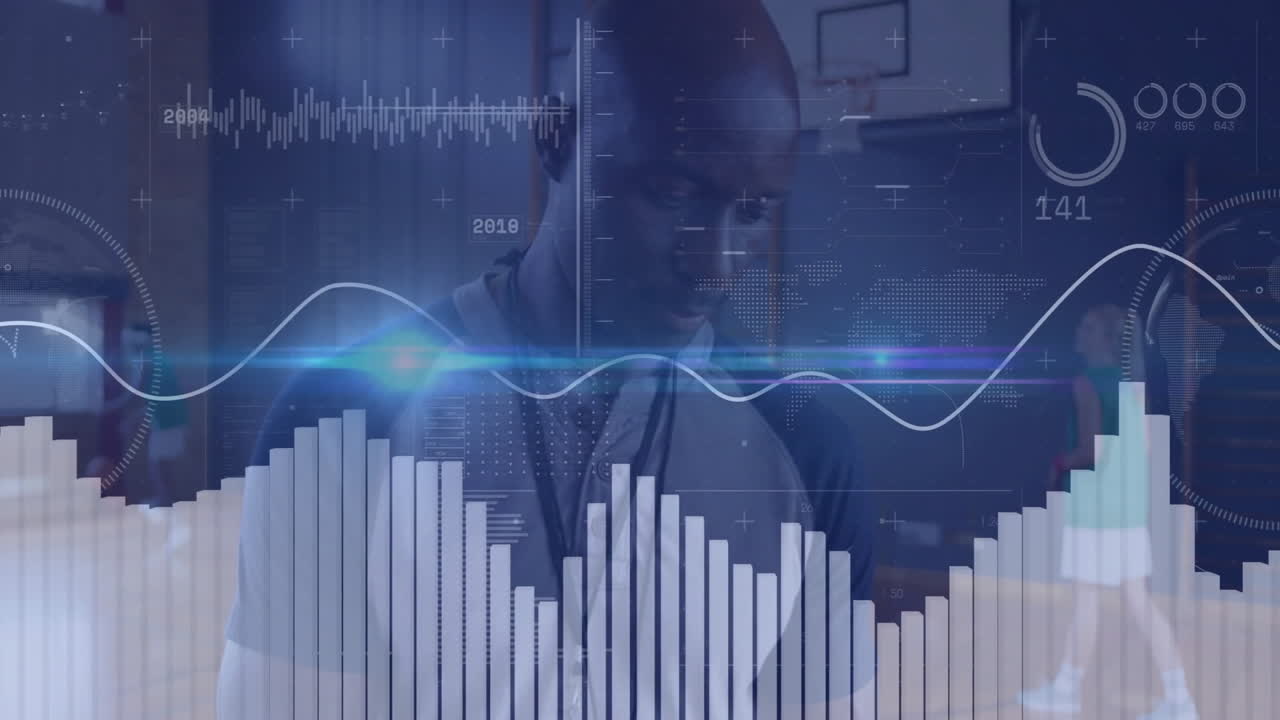 Coach analyzing technology data on basketball court with animated charts and progress indicators