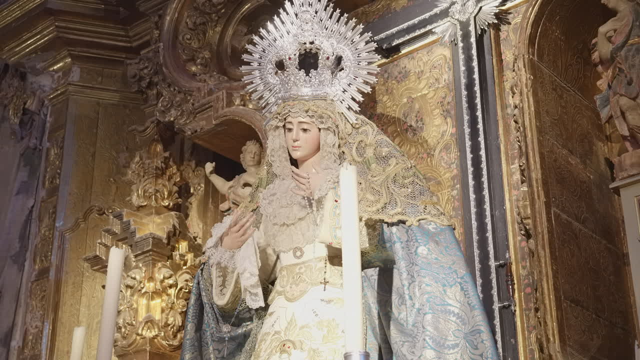Virgin Mary Statue With Silver Crown At Jerez de la Frontera Cathedral In Andalusia, Spain. closeup shot