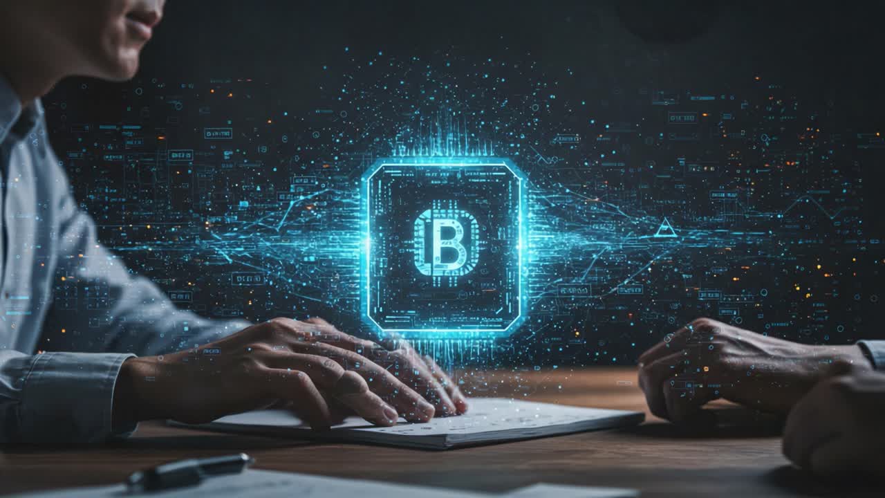 Business Collaborators Engage in a Digital Discussion About Cryptocurrency and Blockchain Technology, Highlighted by a Floating Bitcoin Symbol in a Tech-Infused Environment