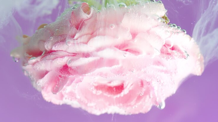 Fiore rosa sott'acqua con bolle