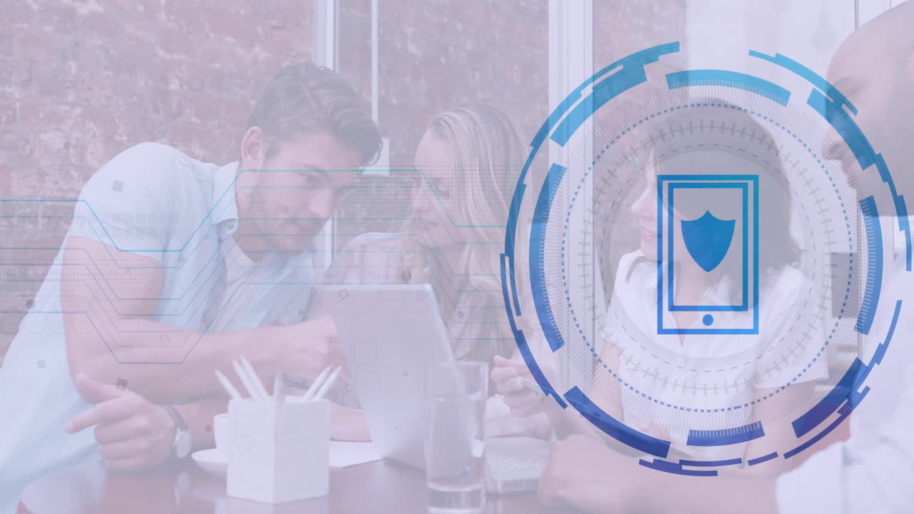 Business team collaborating over tablet with digital security interface animation